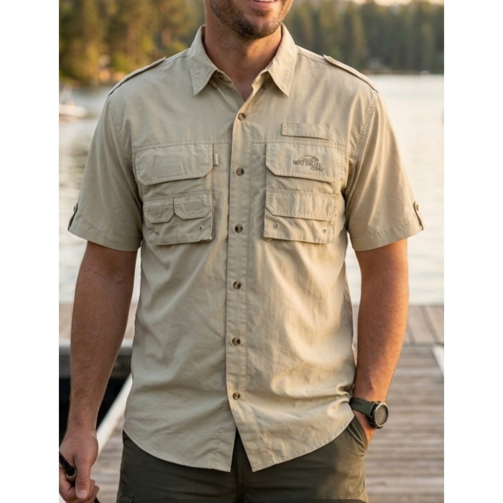 Natural Gear Fishing Short Sleeve‎ Button Down Shirt Men Medium, Color - Dusk